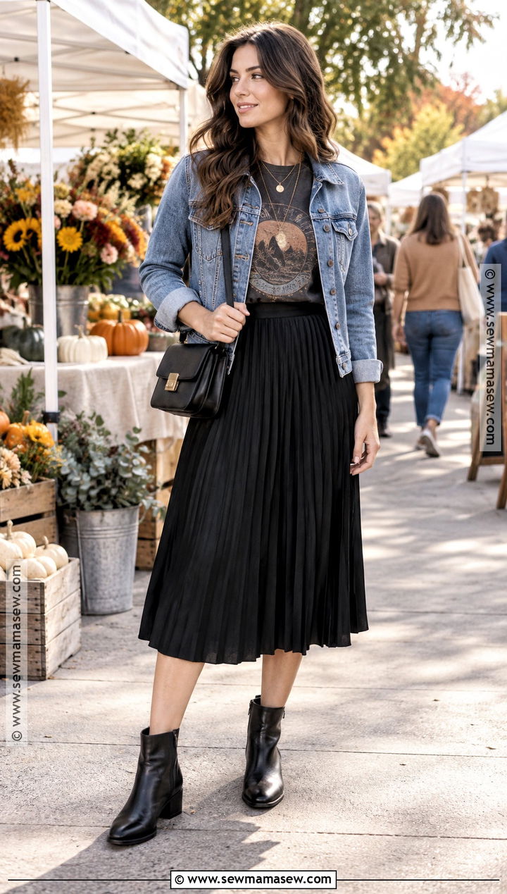 Black Pleated Skirt With Graphic Tee And Denim Jacket - 15 black pleated skirt autumn outfit ideas