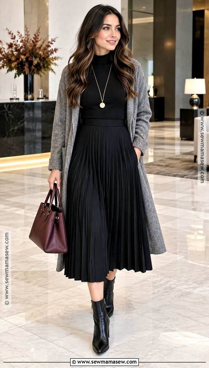 Black Pleated Skirt With Gray Sweater Coat And Heeled Boots - 15 black pleated skirt autumn outfit ideas