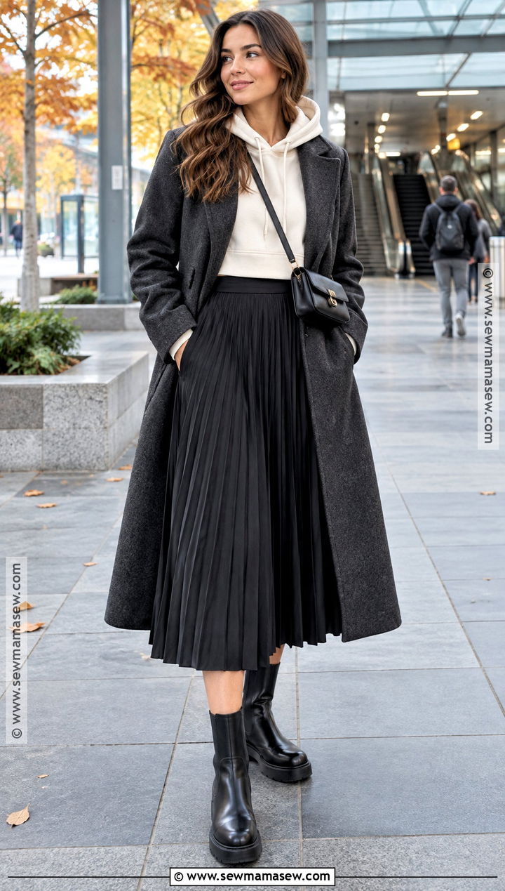 Black Pleated Skirt With Hoodie And Ankle Boots - 15 black pleated skirt fall fashion ideas