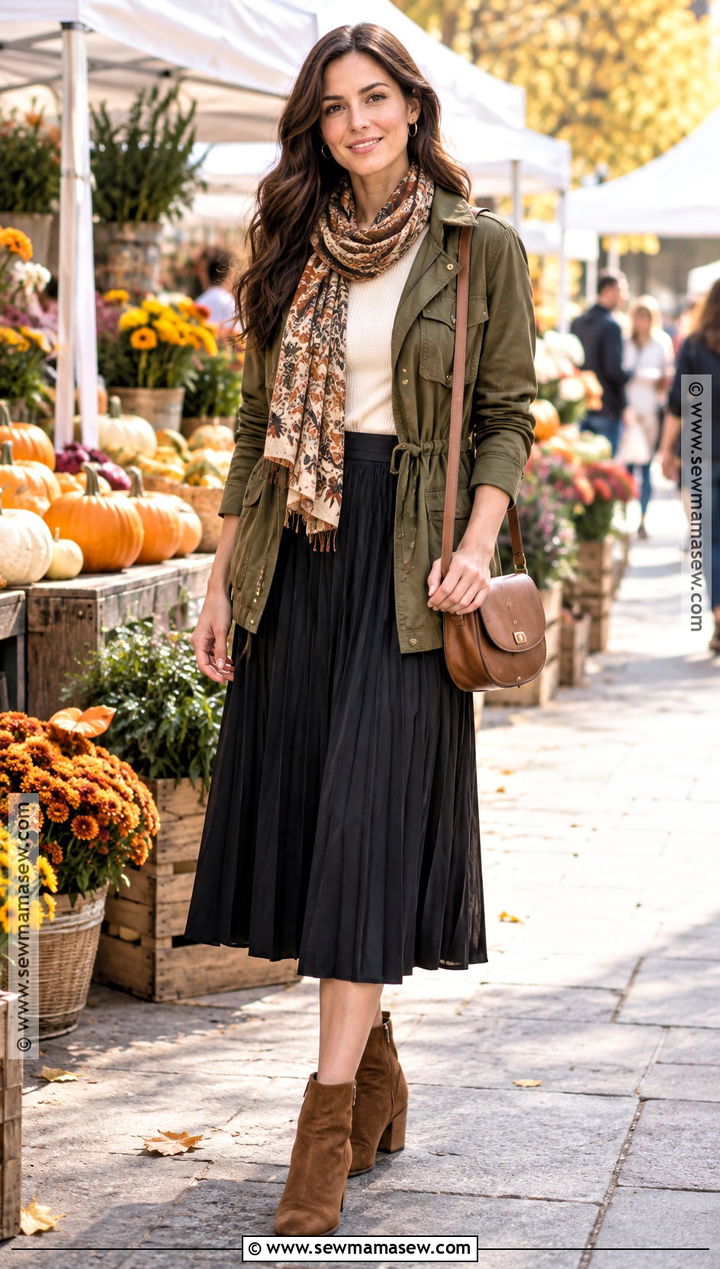 Black Pleated Skirt With Olive Utility Jacket And Ankle Boots - 15 black pleated skirt autumn outfit ideas