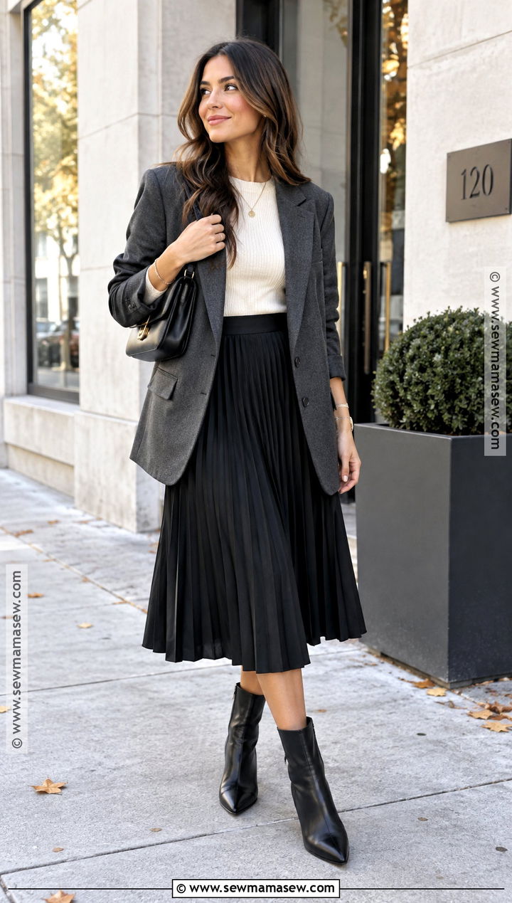 Black Pleated Skirt With Oversized Blazer - 15 black pleated skirt fall fashion ideas