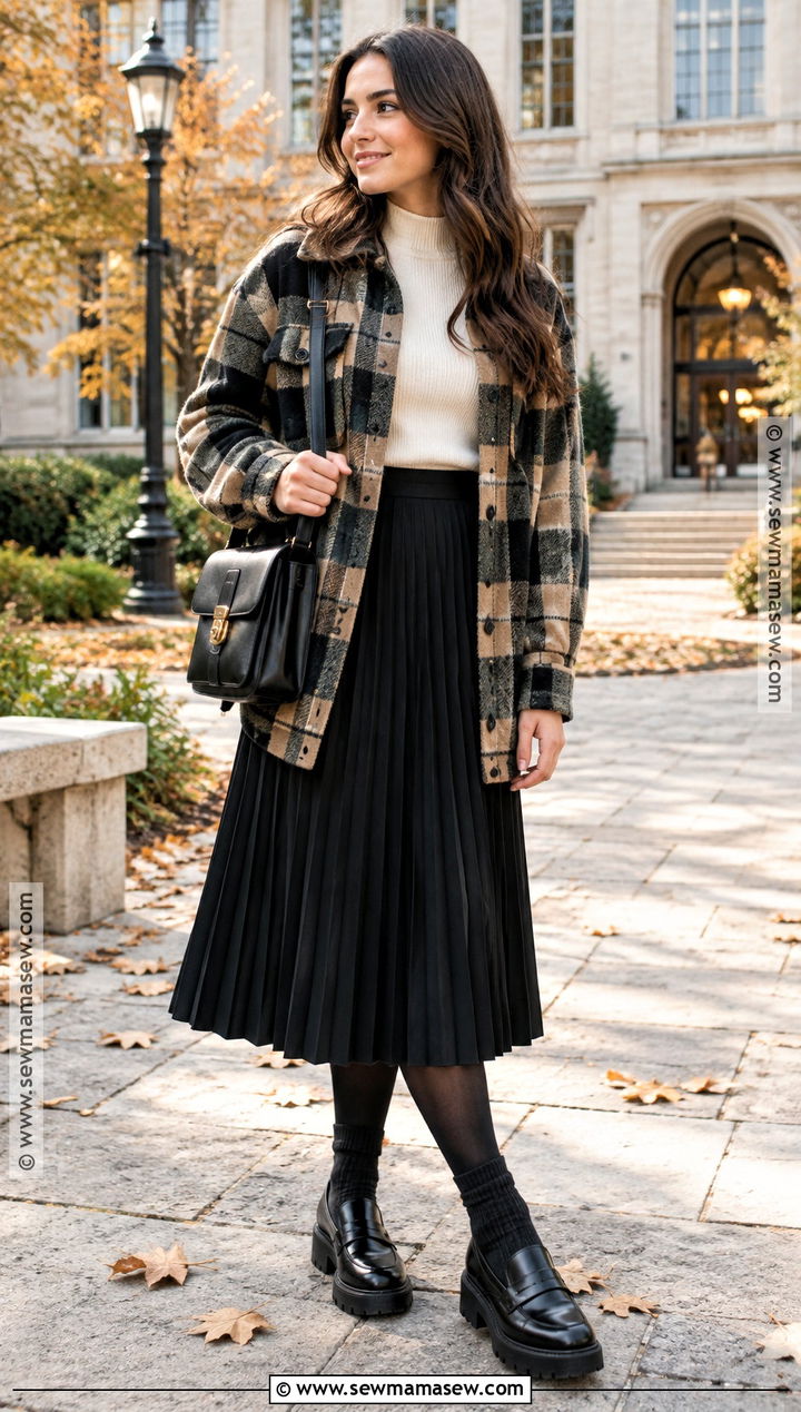 Black Pleated Skirt With Plaid Shacket And Loafers - 15 black pleated skirt autumn outfit ideas