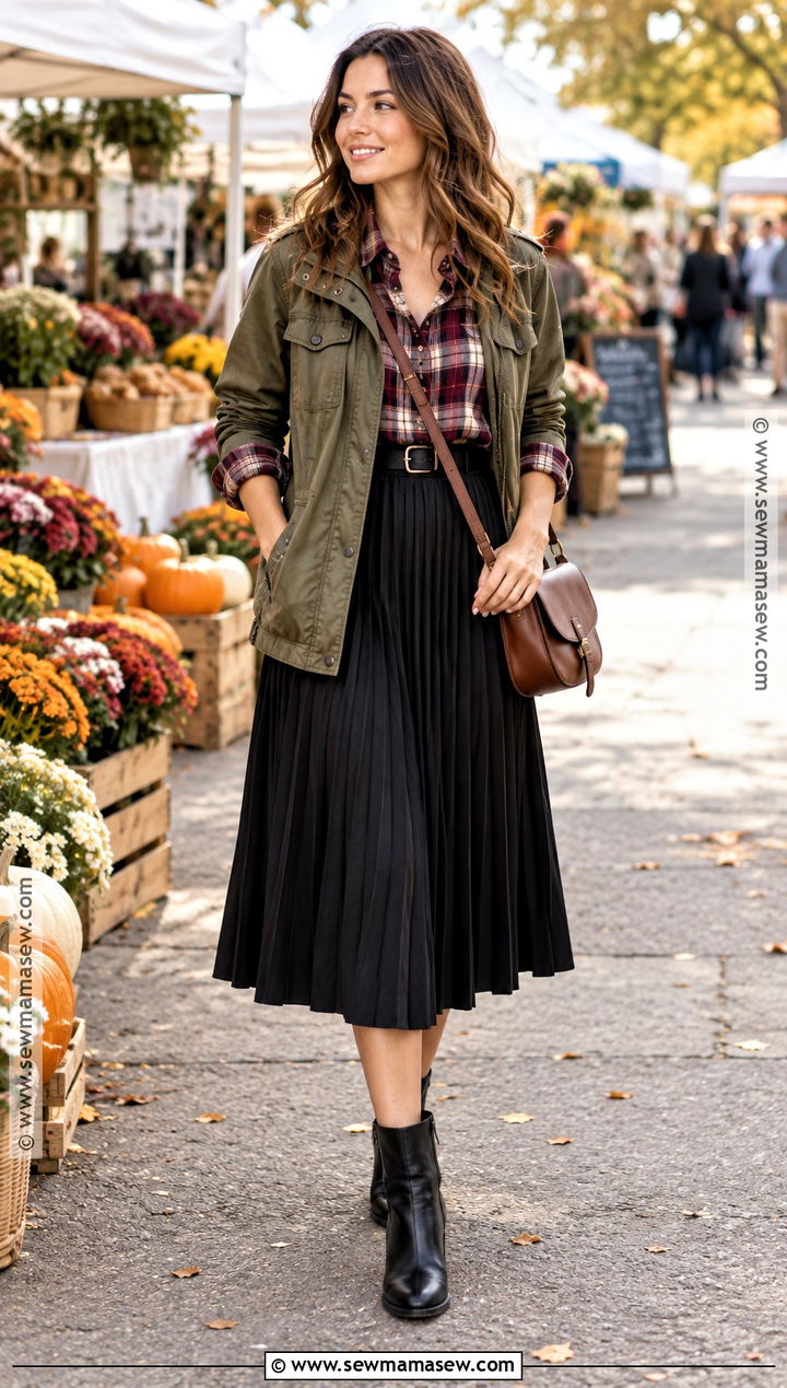 Black Pleated Skirt With Plaid Shirt - 15 black pleated skirt fall fashion ideas