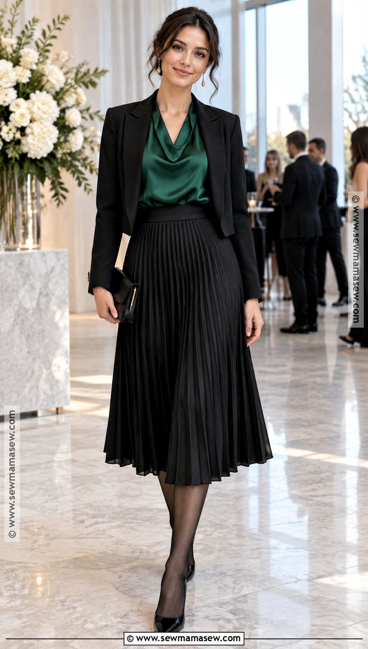 Black Pleated Skirt With Satin Blouse And Cropped Jacket - 15 black pleated skirt autumn outfit ideas