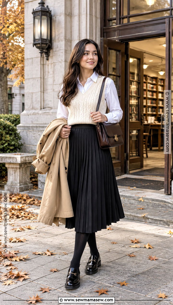 Black Pleated Skirt With Sweater Vest And Shirt - 15 black pleated skirt fall fashion ideas