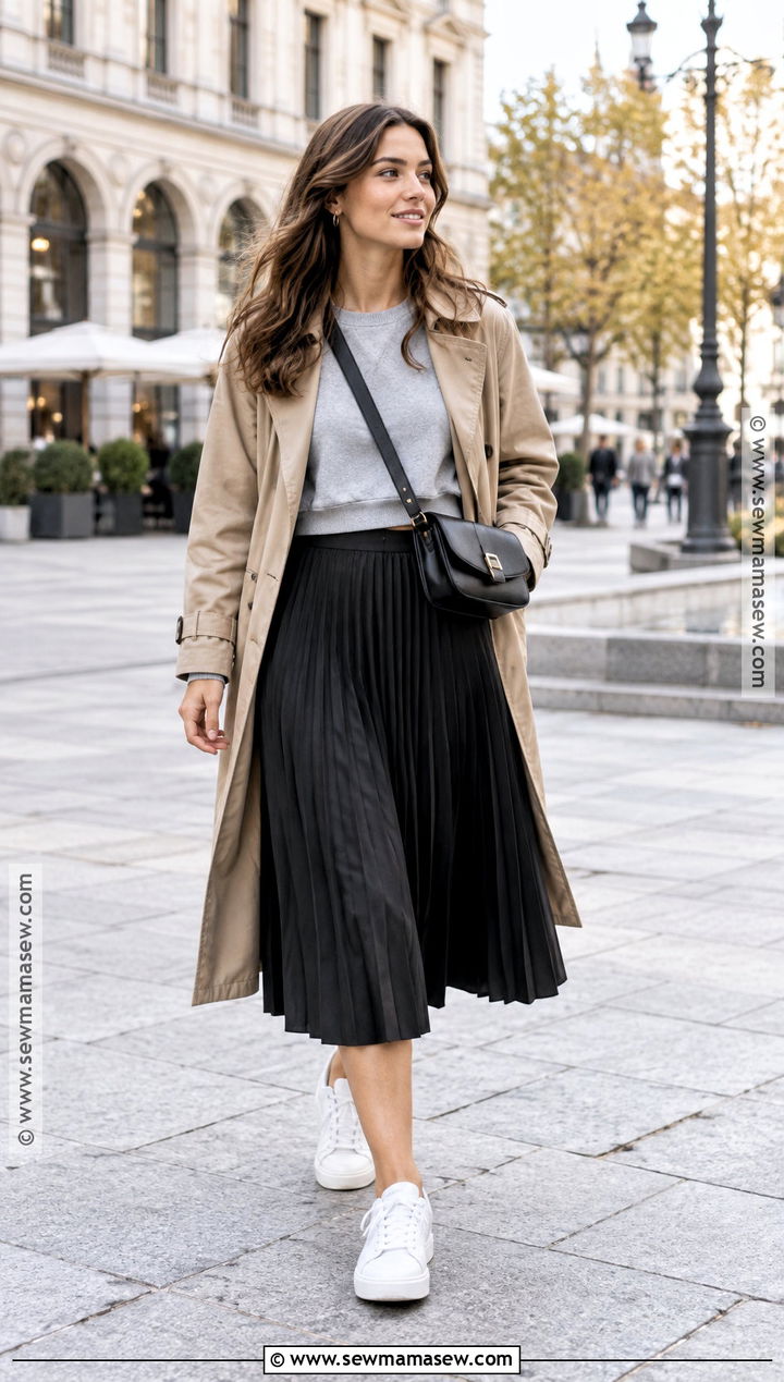 Black Pleated Skirt With Sweatshirt And Sneakers - 15 black pleated skirt fall fashion ideas