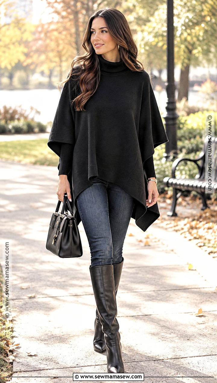 Black Poncho And Skinny Jeans Outfit - 25 black autumn outfit ideas