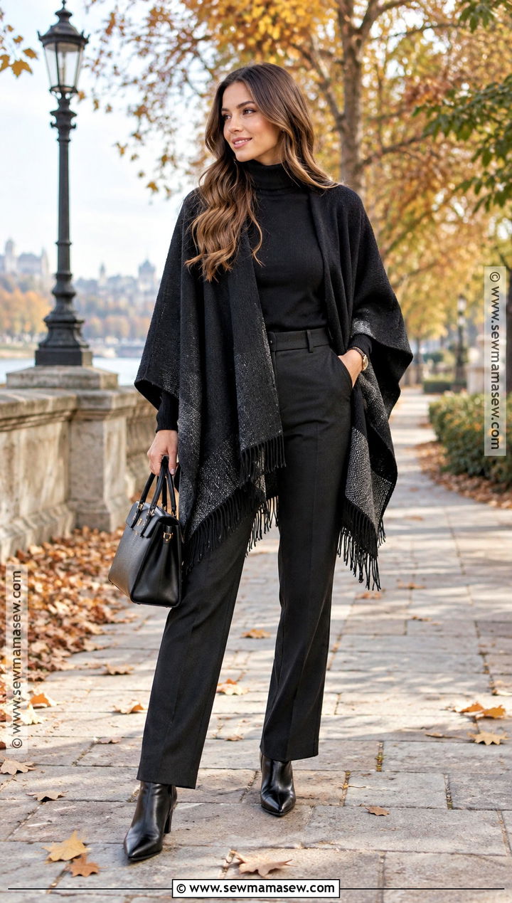 Black Poncho And Straight Leg Pants Outfit - 25 all black fall outfits