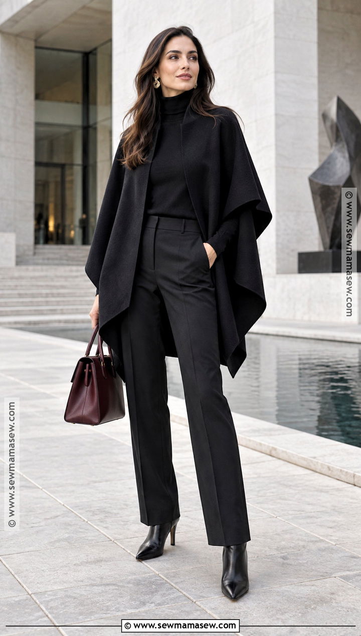 Black Poncho With Black Pants And Heeled Boots - 15 fall fashion poncho style ideas