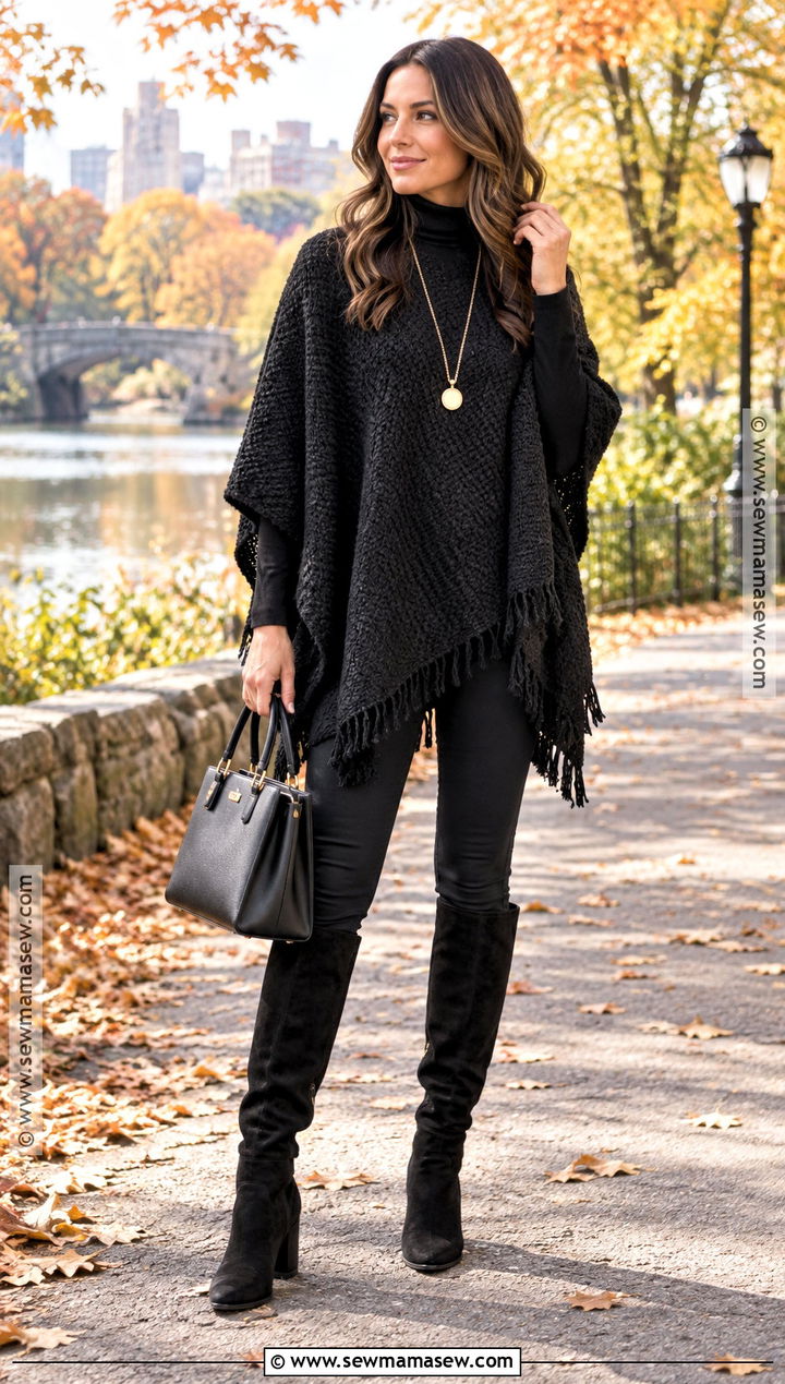 Black Poncho and Tall Boots Outfit - 20 all black outfit fall ideas