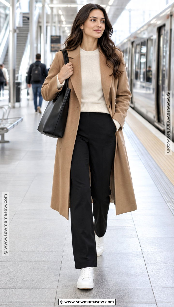 Black Ponte Pants With Long Coat And Sneakers - 20 fall pants outfit