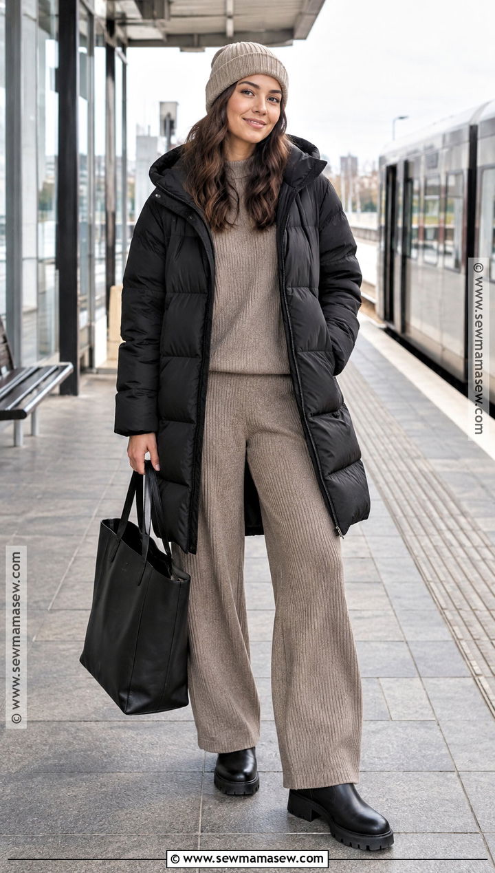 Black Puffer Coat With Knit Set - 20 black coat autumn outfit ideas