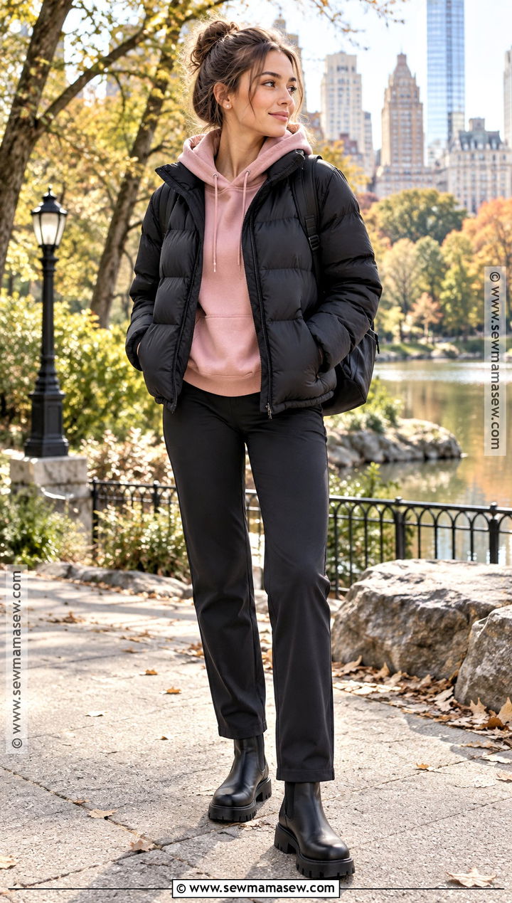 Black Puffer Jacket And Pink Hoodie Fall Outfit - 15 fall fashion black and pink ideas