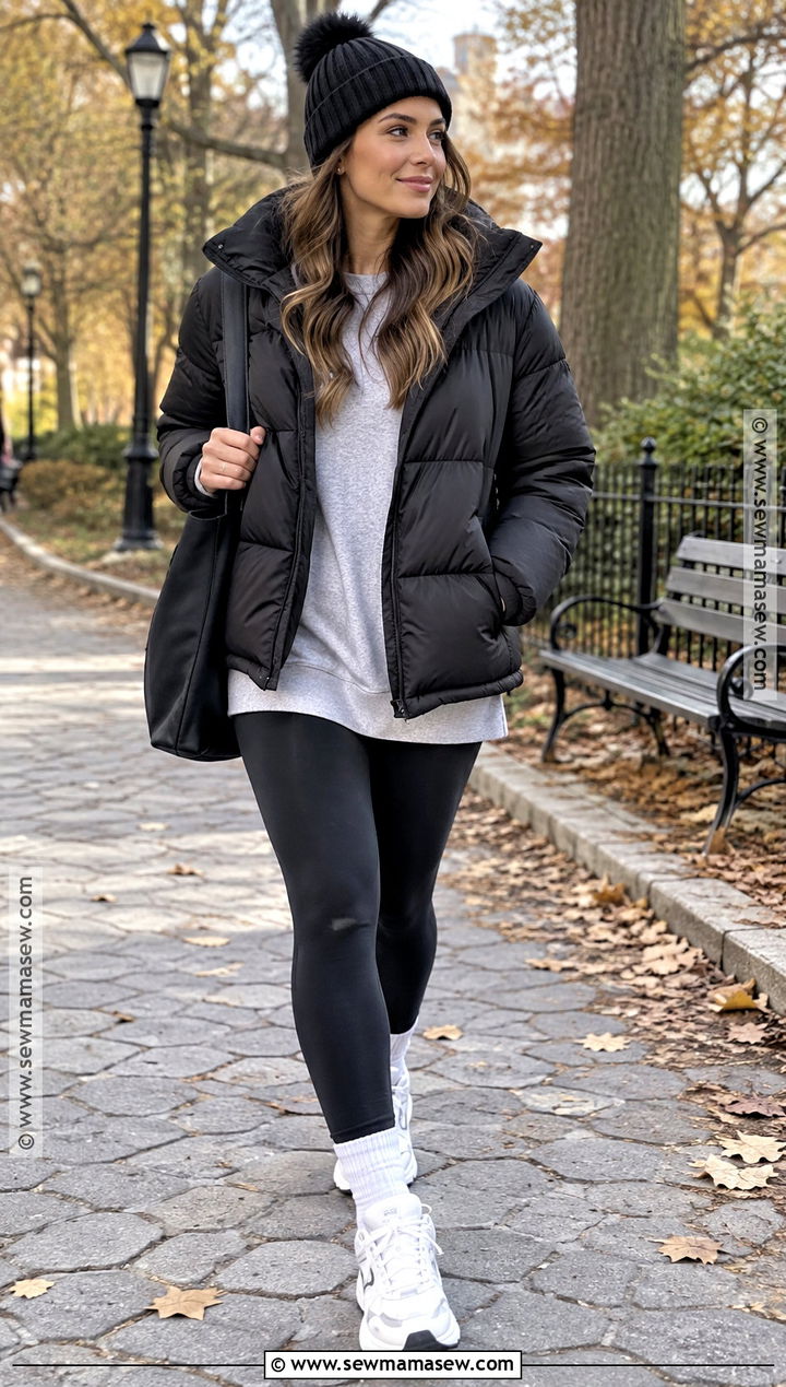 Black Puffer Jacket With Leggings - 20 black jacket fall outfit ideas