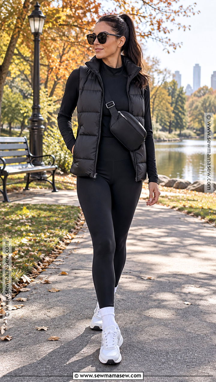 Black Puffer Vest And Leggings Outfit - 25 black autumn outfit ideas