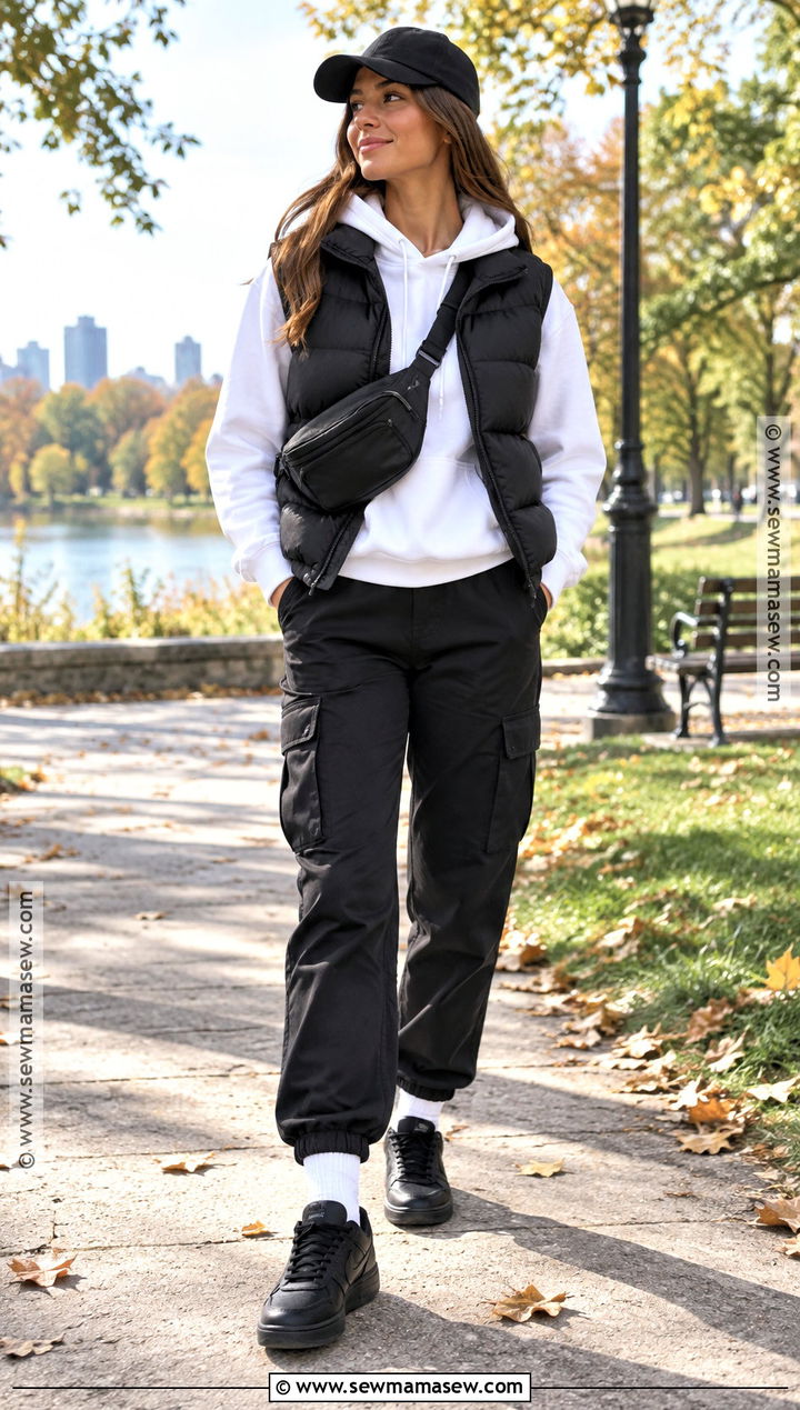 Black Puffer Vest And White Hoodie Outfit - 15 Fall Fashion Black And White Ideas