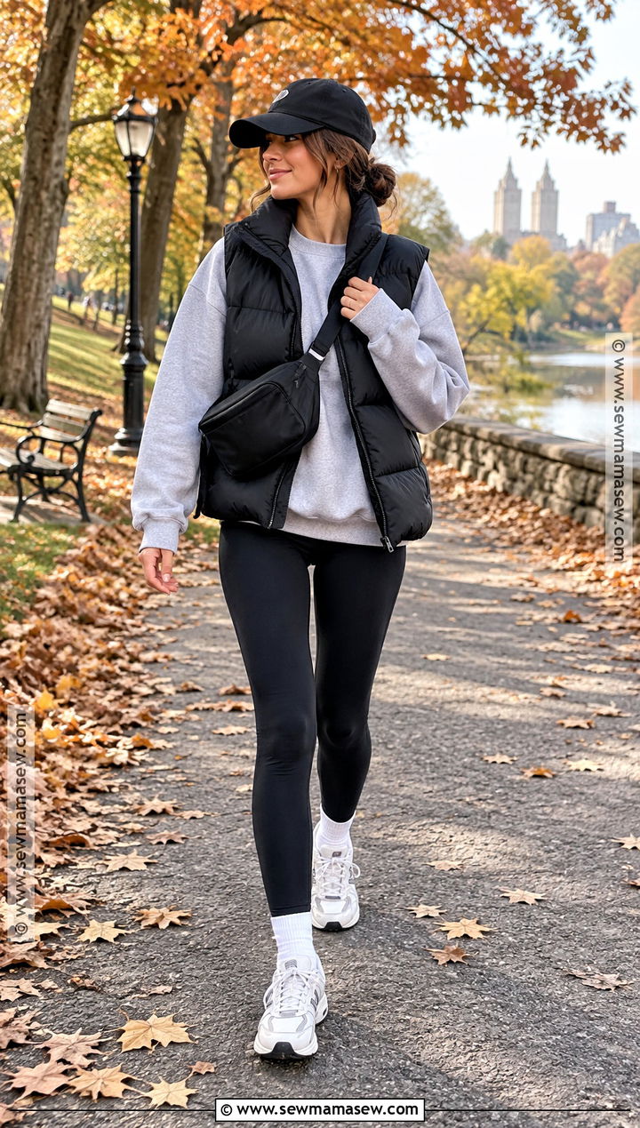 Black Puffer Vest Outfit With Sweatshirt And Leggings - 20 fall outfits vest