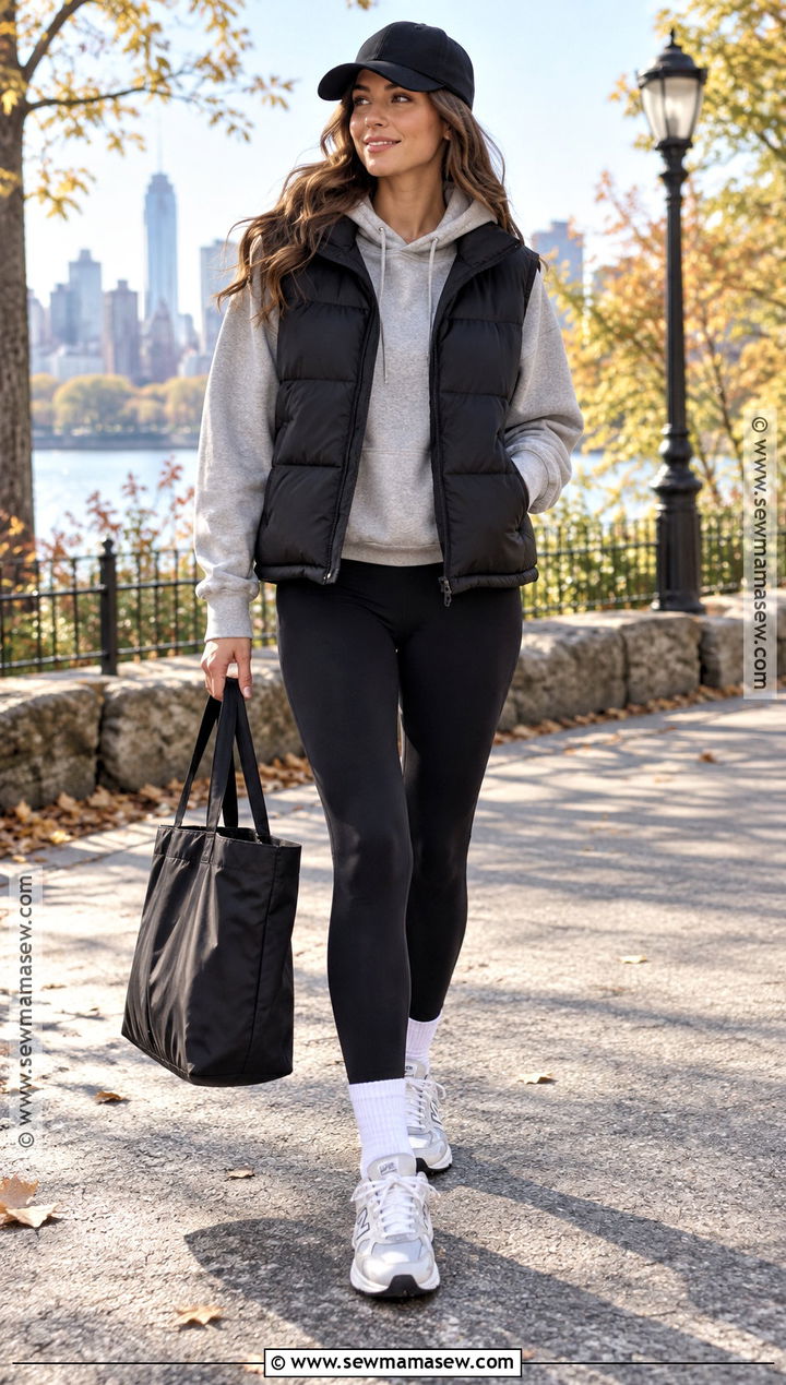 Black Puffer Vest With Hoodie And Leggings - 20 Fall Outfit With Vest Ideas