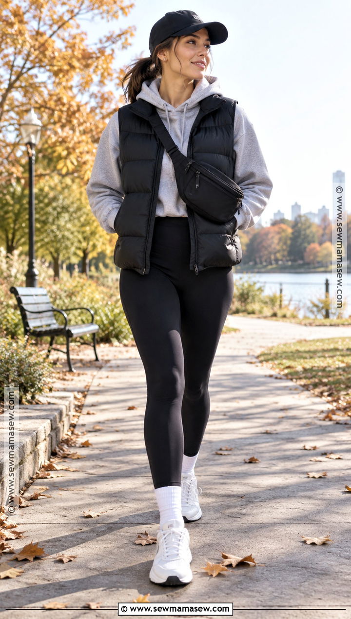 Black Puffer Vest With Hoodie and Leggings - 15 Black Vest Fall Outfits for Women