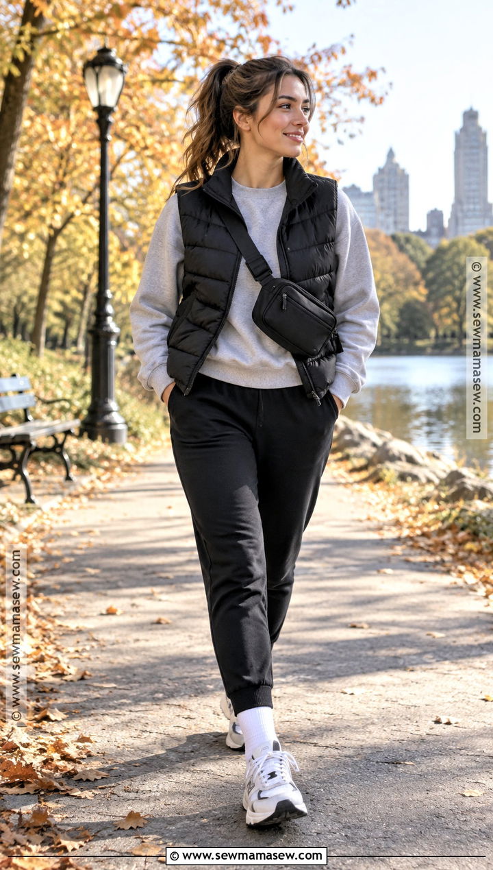 Black Puffer Vest and Joggers Outfit - 20 all black outfit fall ideas