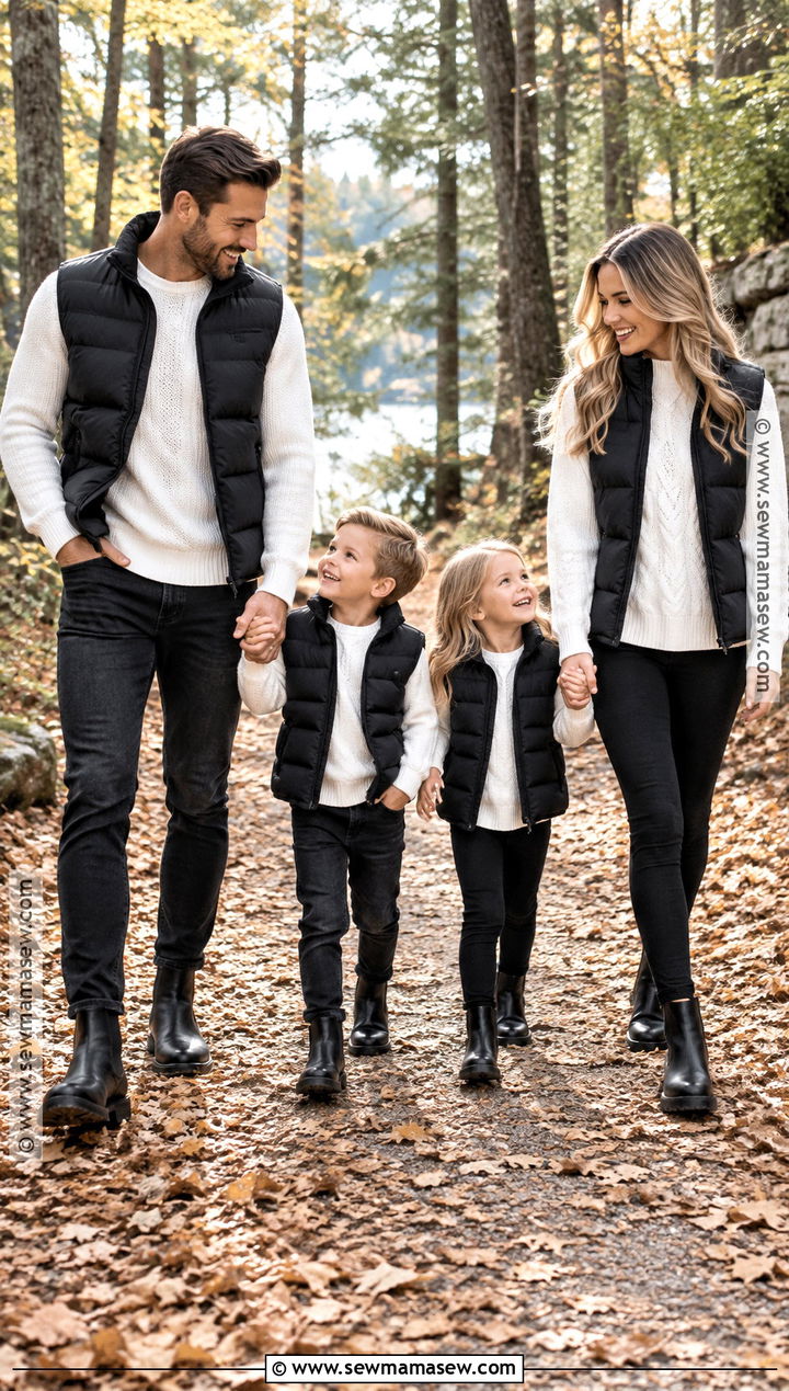 Black Puffer Vests And White Sweater Family Outfit - 15 Fall Family Photos Black And White Outfits