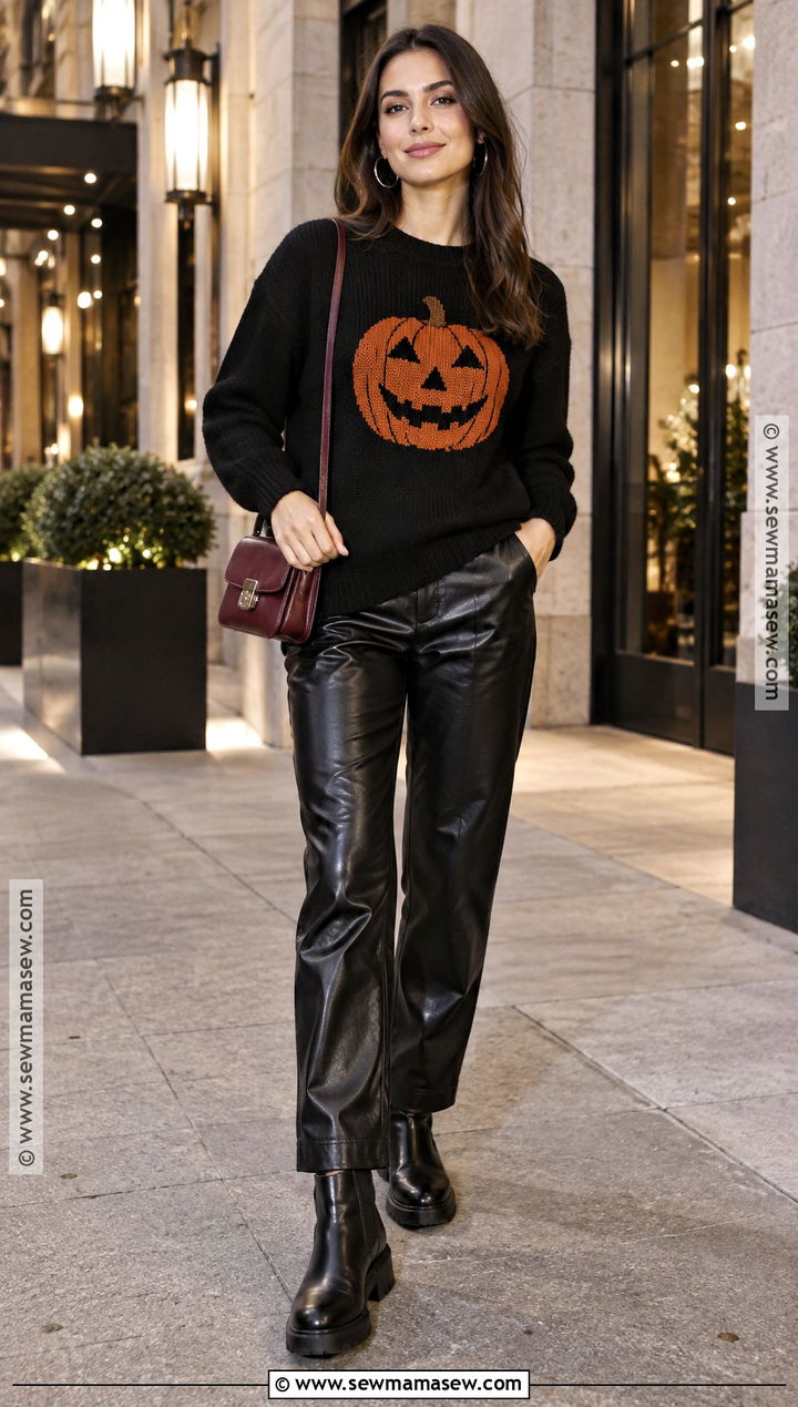 Black Pumpkin Jumper With Leather Pants and Boots - 15 pumpkin jumper ideas