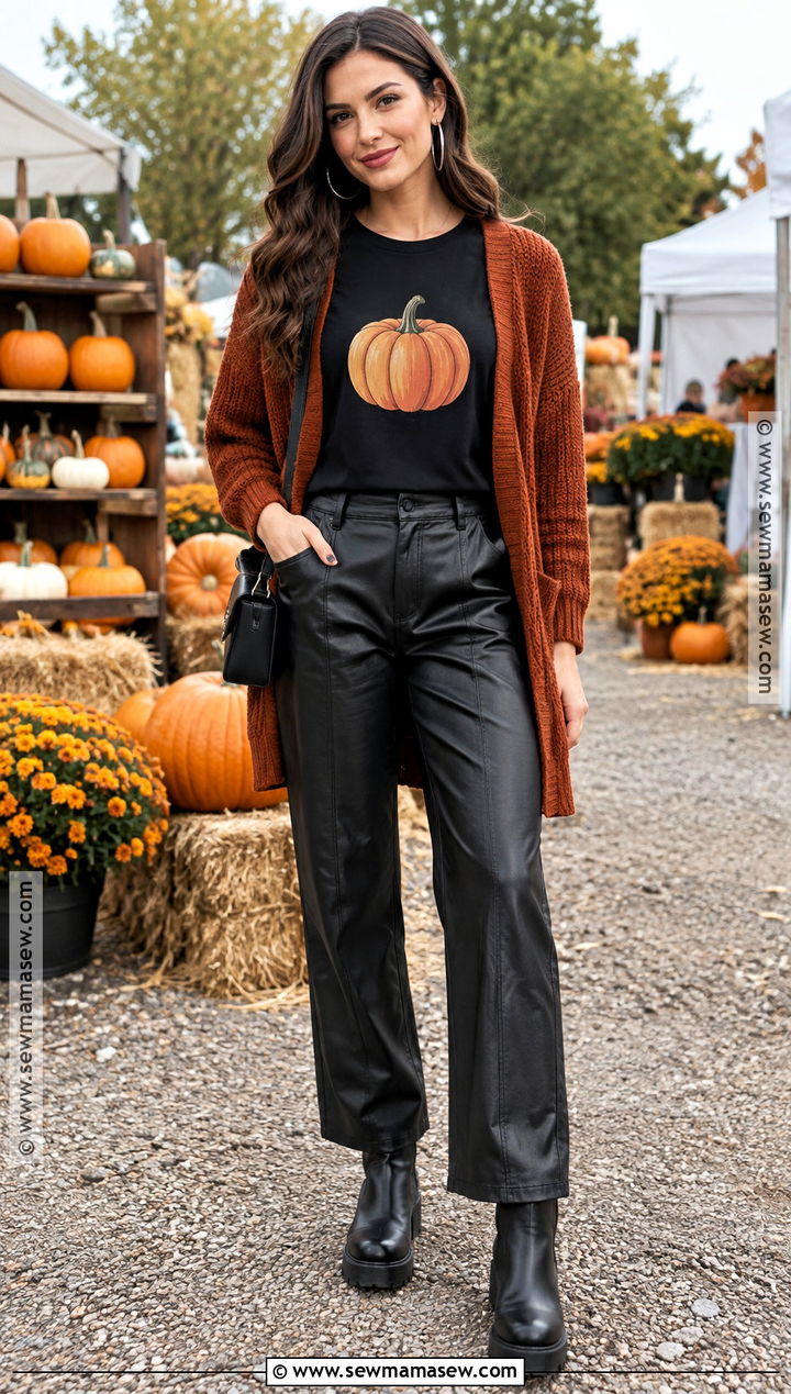 Black Pumpkin Shirt With Faux Leather Pants - 20 pumpkin shirt ideas