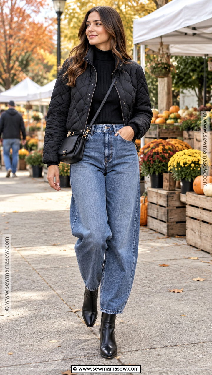 Black Quilted Jacket And Barrel Jeans Outfit - 25 all black fall outfits