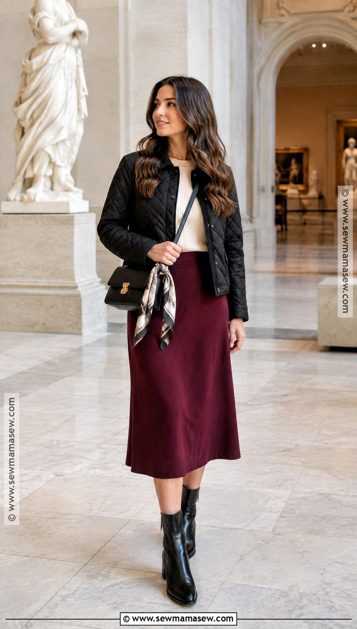 Black Quilted Jacket With Midi Skirt - 20 black jacket fall outfit ideas