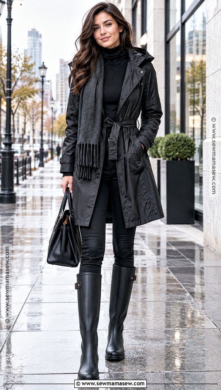 Black Rain Boots Outfit With Monochrome Layers - 25 rain boots outfit fall