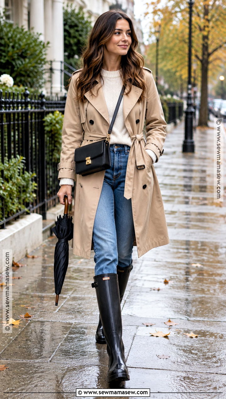 Black Rain Boots Outfit With Trench Coat And Jeans - 25 rain boots outfit fall