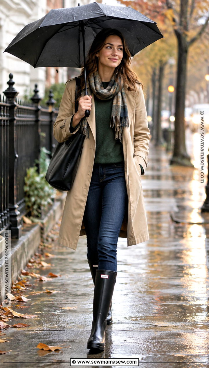 Black Rain Boots With A Trench Coat - 15 black autumn boots
