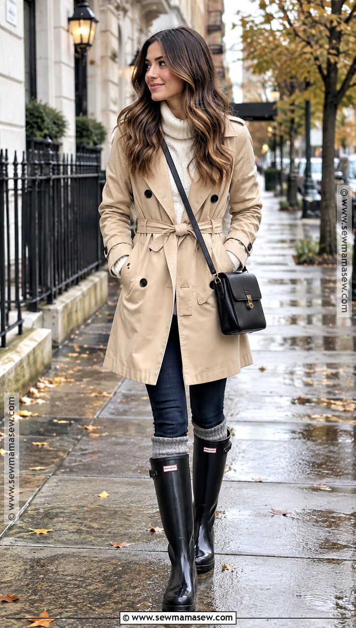 Black Rain Boots With Trench Coat And Skinny Jeans - 15 rain boot outfit fall ideas
