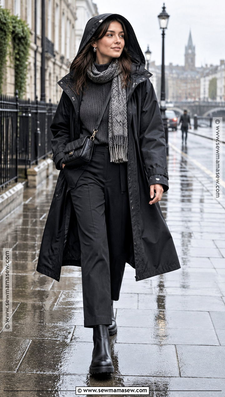 Black Raincoat With Sweater And Black Trousers - 15 october ireland outfits