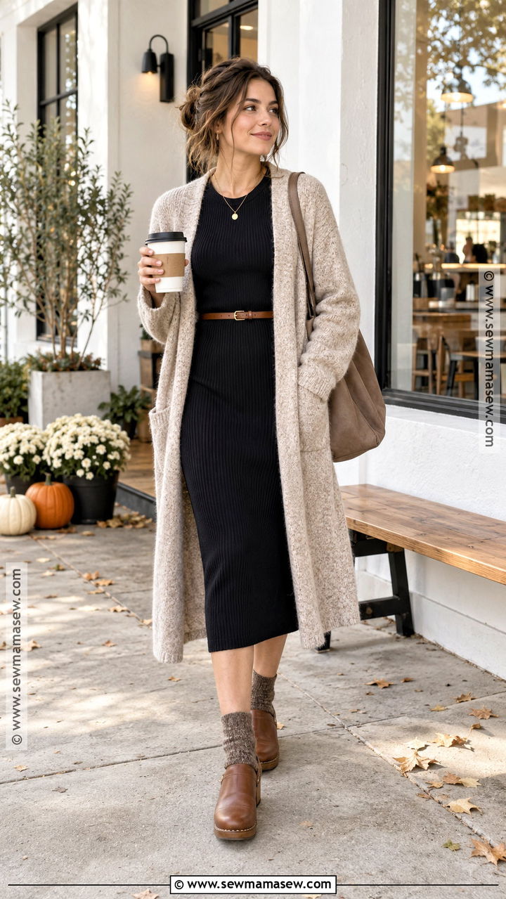 Black Ribbed Dress With Long Cardigan And Clogs - 20 fall black dress ideas