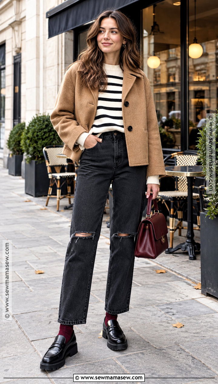 Black Ripped Jeans With Striped Sweater And Loafers - 20 ripped jeans outfit fall