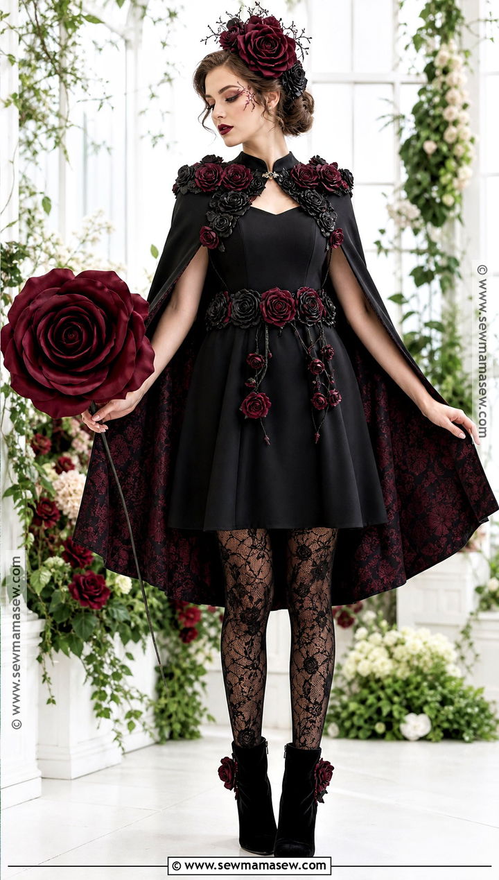 Black Rose Costume With Floral Cape - 40 black dress halloween costume ideas
