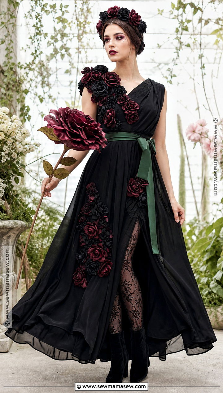 Black Rose Costume With Floral Crown - 30 black dress halloween costume ideas