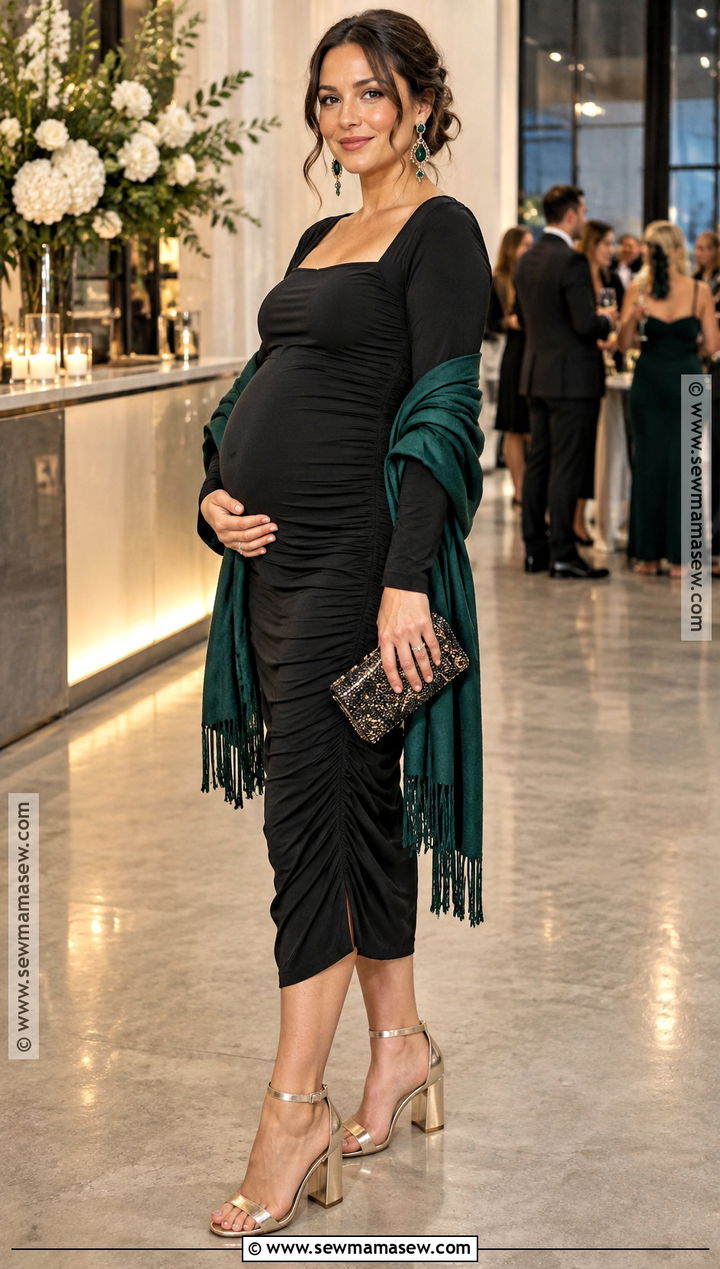 Black Ruched Maternity Midi Dress - 20 fall maternity wedding guest dress ideas