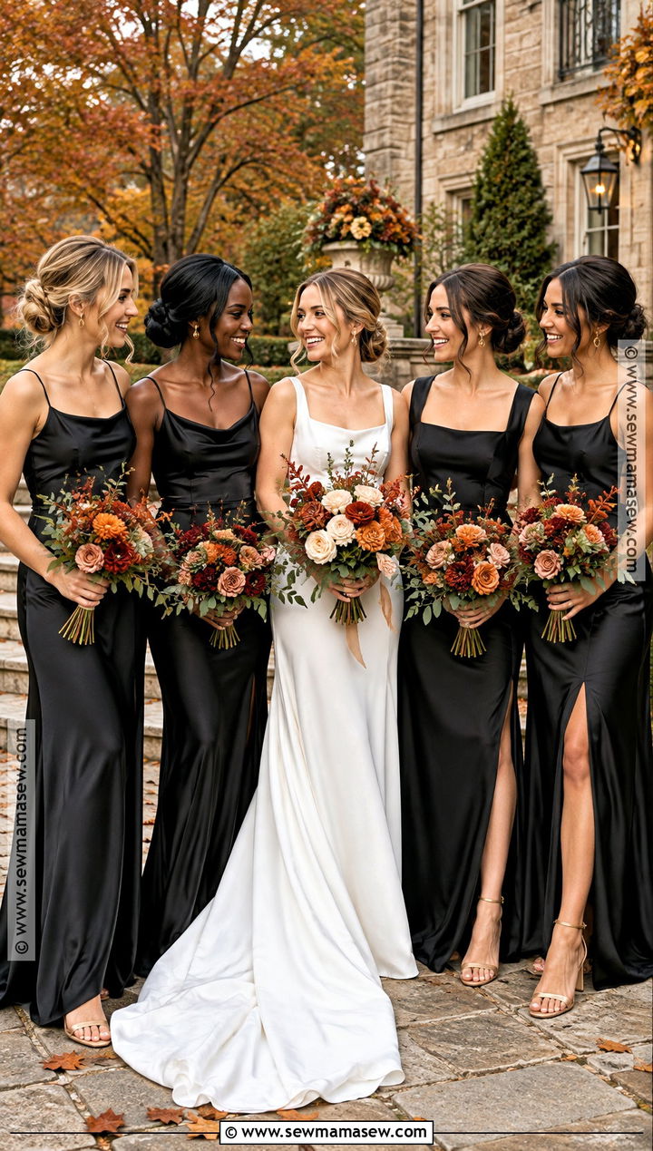 Black Satin Bridesmaid Dress With Rust Bouquet - 15 Fall Wedding With Black Bridesmaid Dresses