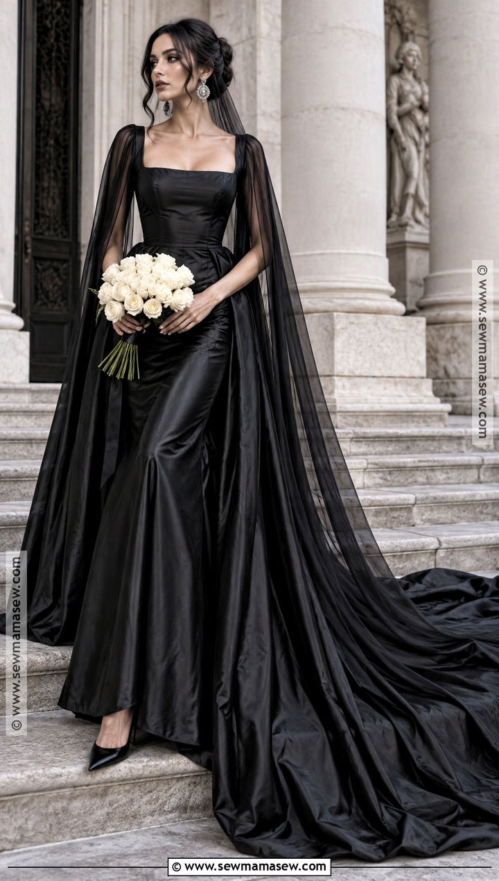 Black Satin Gothic Wedding Dress With Cape - 15 Gothic Fall Wedding Dress Ideas