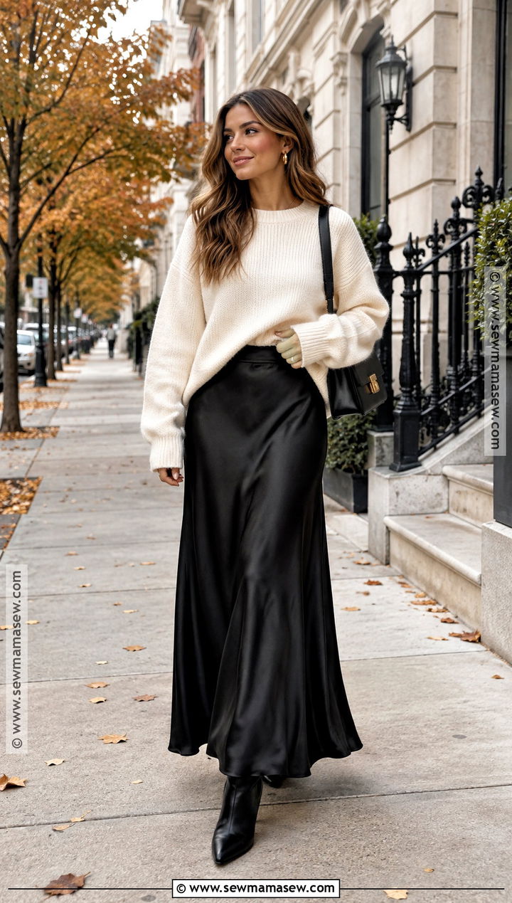 Black Satin Long Skirt With Sweater And Ankle Boots - 20 Long Skirt Outfits For Autumn