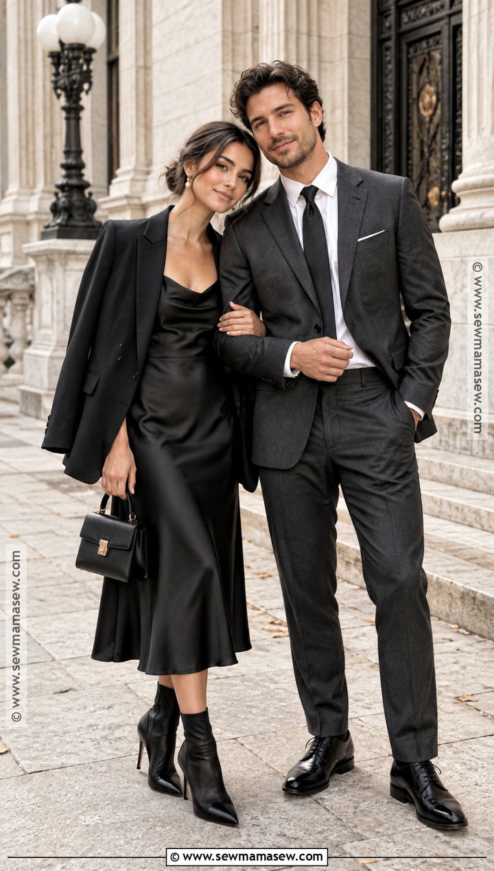 Black Satin Midi Dress With Blazer - 15 fall engagement pictures black outfit ideas