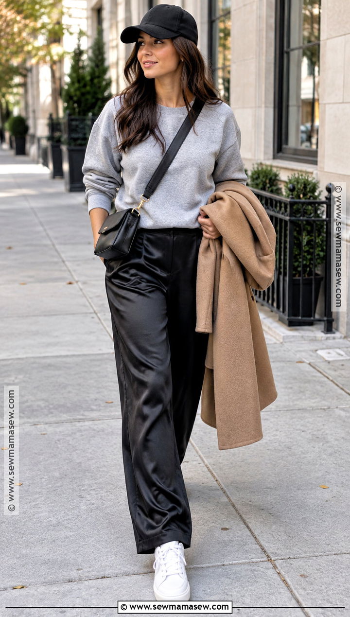Black Satin Pants With Sweatshirt And Sneakers - 20 satin pants fall outfit
