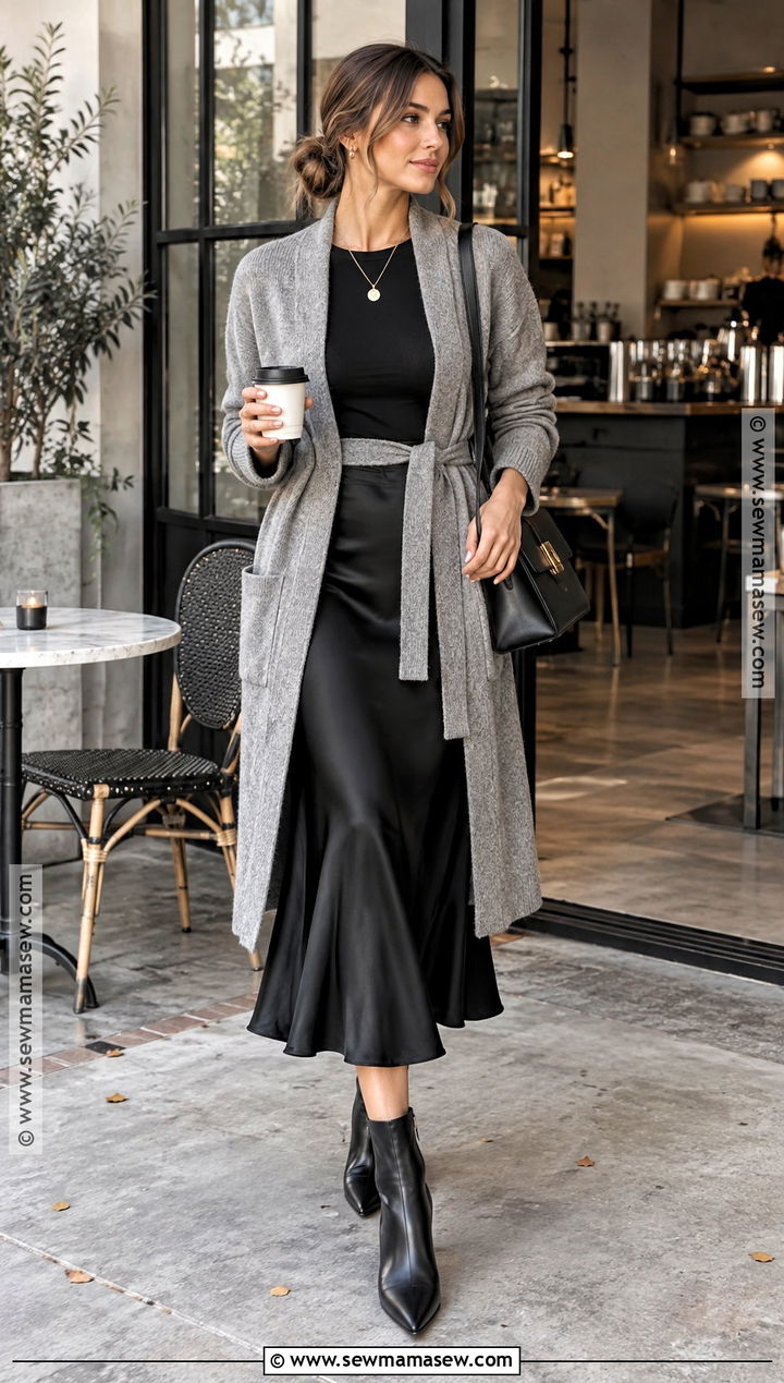 Black Satin Skirt With Belted Cardigan And Ankle Boots - 20 black satin skirt outfit autumn ideas