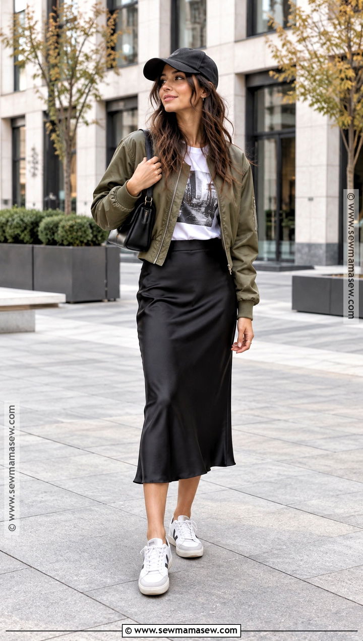 Black Satin Skirt With Graphic Tee And Bomber Jacket - 15 fall black satin skirt outfit ideas