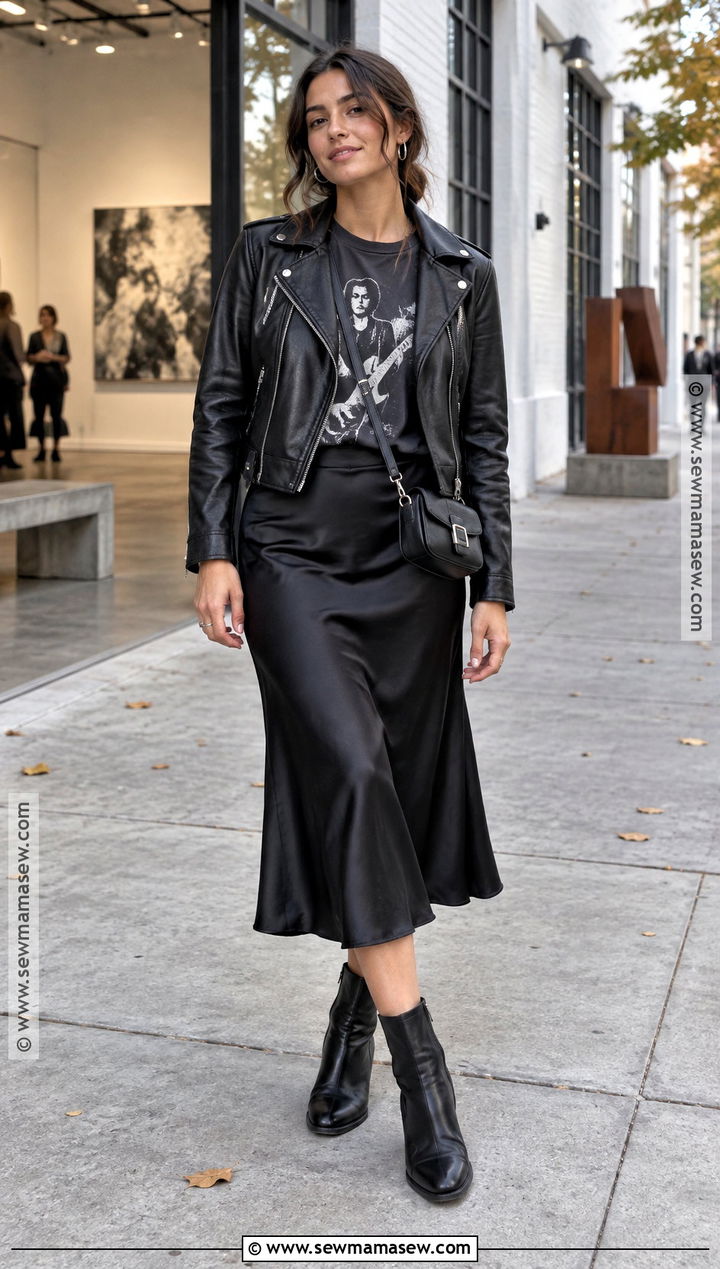 Black Satin Skirt With Graphic Tee And Moto Jacket - 15 fall outfits with satin skirt