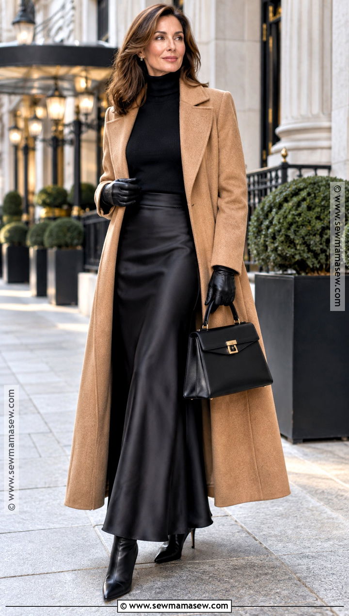 Black Satin Skirt With Long Wool Coat And Heeled Boots - 15 fall black satin skirt outfit ideas
