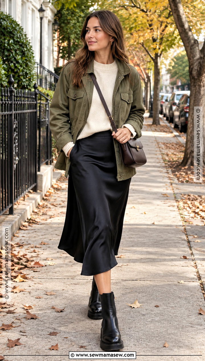 Black Satin Skirt With Olive Utility Jacket And Chelsea Boots - 20 black satin skirt outfit autumn ideas