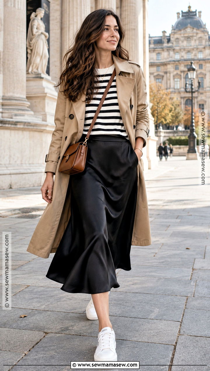 Black Satin Skirt With Trench Coat And Striped Top - 20 black satin skirt outfit autumn ideas